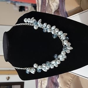 Vintage layered silver Blue beaded and pearl adjustable choker necklace